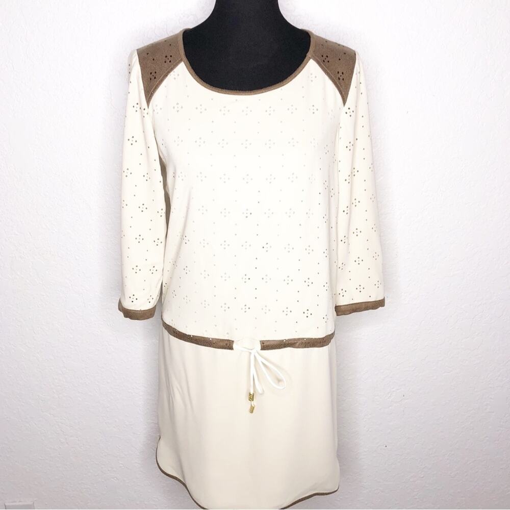 Hale Bob cream brown geometric perforated drawstring waist dress size Small